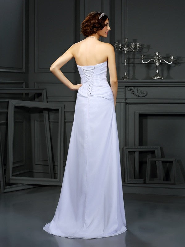 Sheath/Column Strapless Beading Sleeveless Long Chiffon Wedding Dresses CICIP0006926