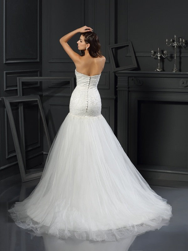 Trumpet/Mermaid Sweetheart Applique Sleeveless Long Tulle Wedding Dresses CICIP0006386