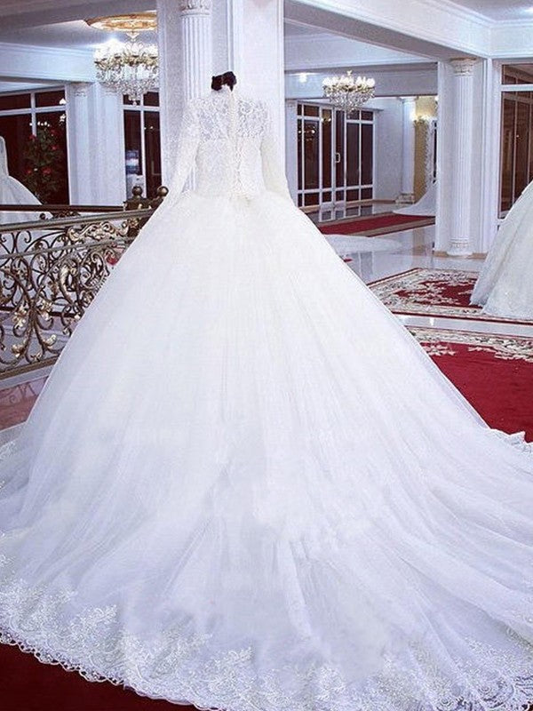 Ball Gown Lace Tulle High Neck Long Sleeves Chapel Train Wedding Dresses CICIP0006420