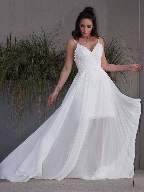 A-Line/Princess Applique Chiffon V-neck Sleeveless Sweep/Brush Train Wedding Dresses CICIP0006445