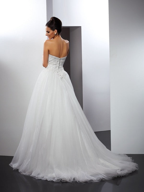 A-Line/Princess Sweetheart Applique Sleeveless Long Net Wedding Dresses CICIP0006394