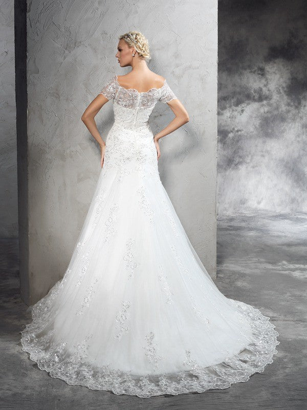 Sheath/Column Off-the-Shoulder Applique Short Sleeves Long Net Wedding Dresses CICIP0006450