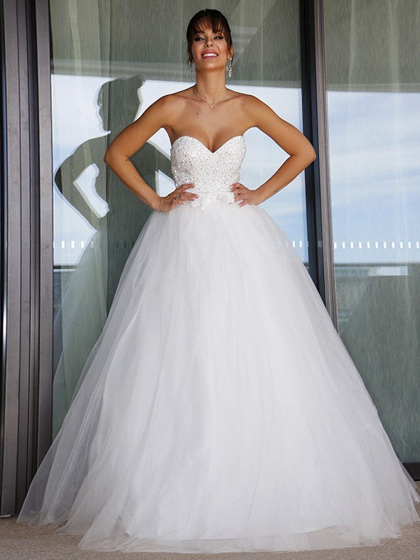 Ball Gown Tulle Sweetheart Bowknot Sleeveless Floor-Length Wedding Dresses CICIP0006196