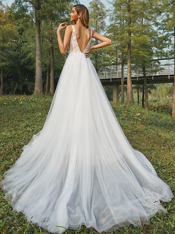 A-Line/Princess Tulle Applique V-neck Sleeveless Sweep/Brush Train Wedding Dresses CICIP0006365