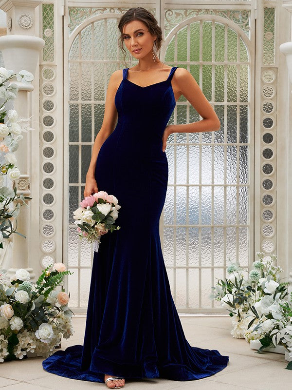 Trumpet/Mermaid Velvet Ruffles Straps Sleeveless Sweep/Brush Train Bridesmaid Dresses CICIP0004964