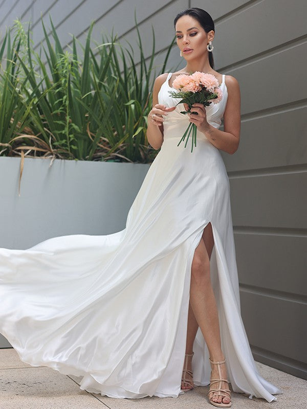 A-Line/Princess Satin Ruched V-neck Sleeveless Sweep/Brush Train Wedding Dresses CICIP0007022