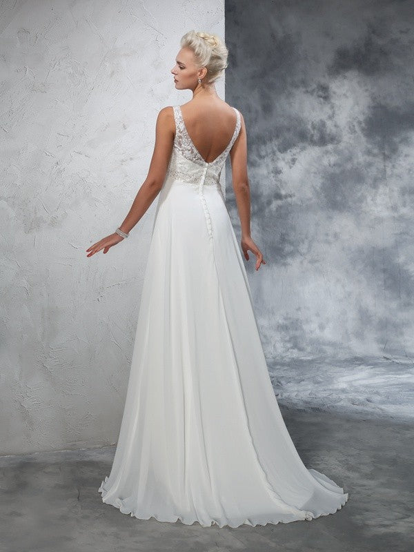 A-Line/Princess V-neck Beading Sleeveless Long Chiffon Wedding Dresses CICIP0006610