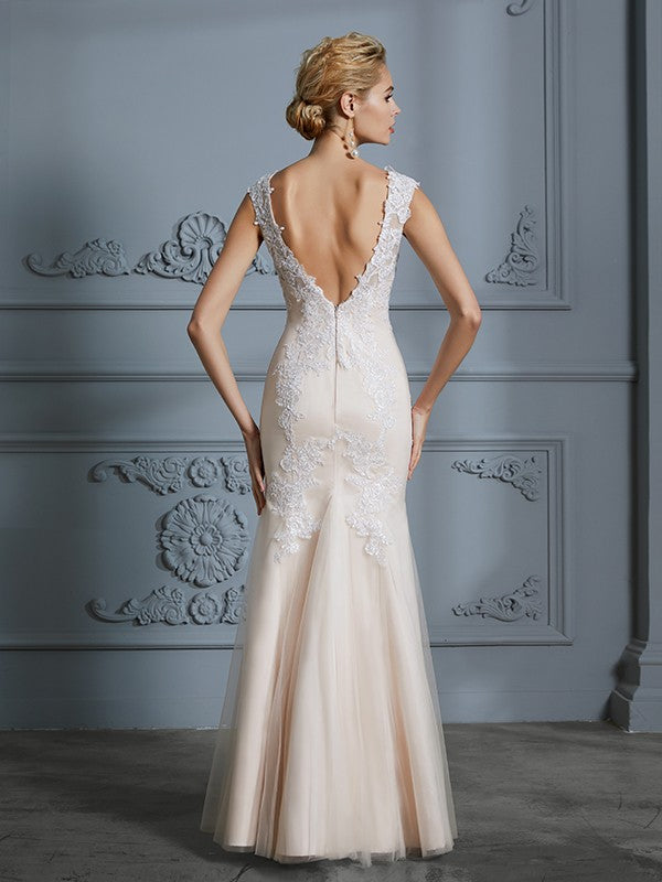 Trumpet/Mermaid Scoop Sleeveless Tulle Applique Floor-Length Wedding Dresses CICIP0006351