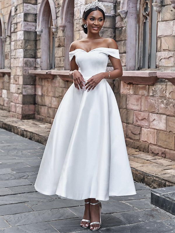 A-Line/Princess Satin Ruffles Off-the-Shoulder Sleeveless Ankle-Length Wedding Dresses CICIP0006529