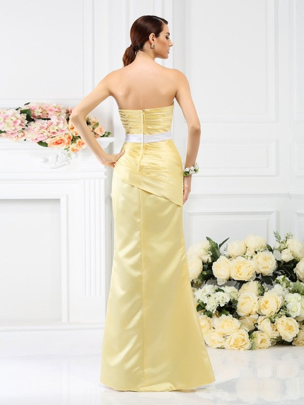 Trumpet/Mermaid Strapless Pleats Sleeveless Long Satin Bridesmaid Dresses CICIP0005854