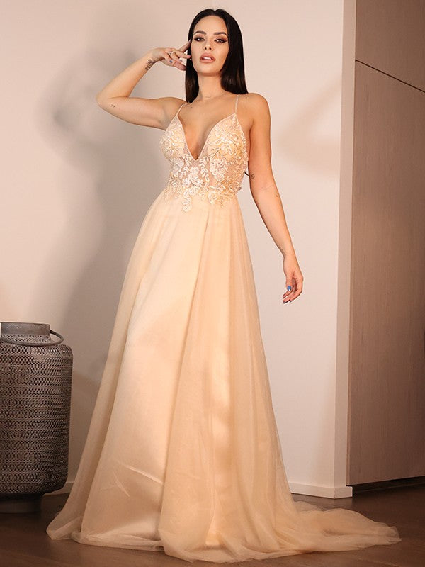 A-Line/Princess Lace Applique V-neck Sleeveless Sweep/Brush Train Wedding Dresses CICIP0006491