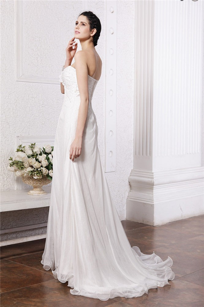 A-Line/Princess Strapless Sleeveless Beading Hand-Made Flower Long Chiffon Wedding Dresses CICIP0006897