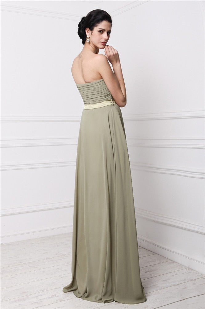 Sheath/Column Strapless Sleeveless Hand-Made Flower Pleats Long Chiffon Bridesmaid Dresses CICIP0005827