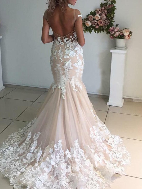 Trumpet/Mermaid Tulle Applique Bateau Short Sleeves Sweep/Brush Train Wedding Dresses CICIP0006461