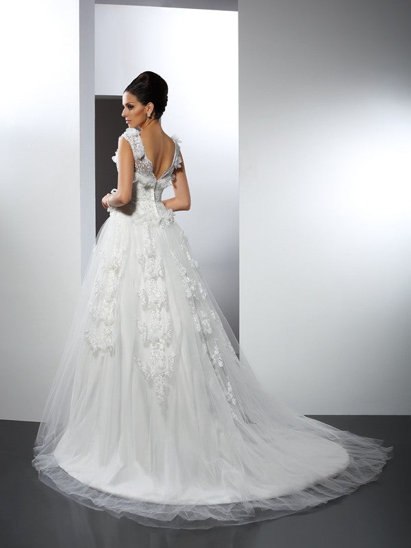 A-Line/Princess Straps Lace Sleeveless Long Satin Wedding Dresses CICIP0006589