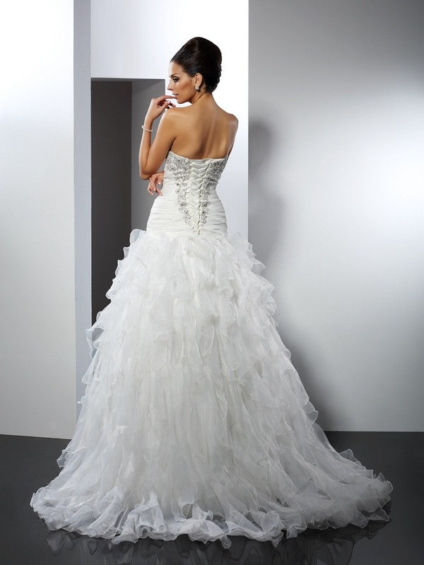 Ball Gown Sweetheart Ruffles Sleeveless Long Tulle Wedding Dresses CICIP0006611