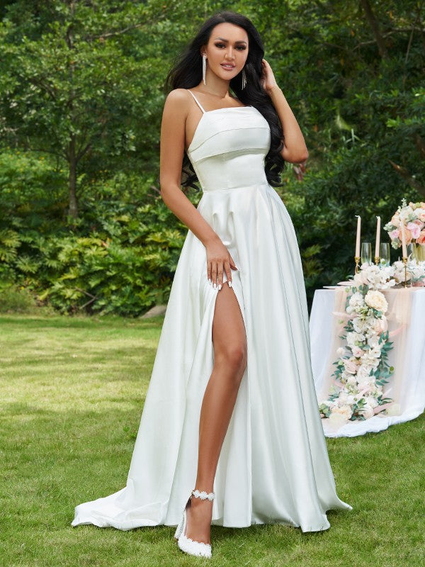 A-Line/Princess Satin Ruffles Spaghetti Straps Sleeveless Sweep/Brush Train Wedding Dresses CICIP0006502