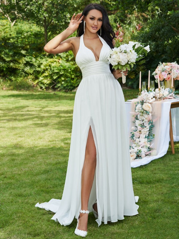 A-Line/Princess Chiffon Ruffles Halter Sleeveless Sweep/Brush Train Wedding Dresses CICIP0006344