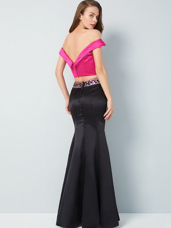 Trumpet/Mermaid Off-the-Shoulder Sleeveless Floor-Length Beading Satin Two Piece Dresses CICIP0003947