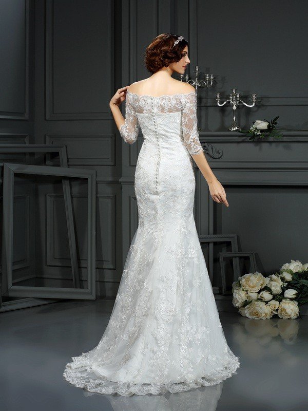 Sheath/Column Off-the-Shoulder Lace 1/2 Sleeves Long Lace Wedding Dresses CICIP0006408