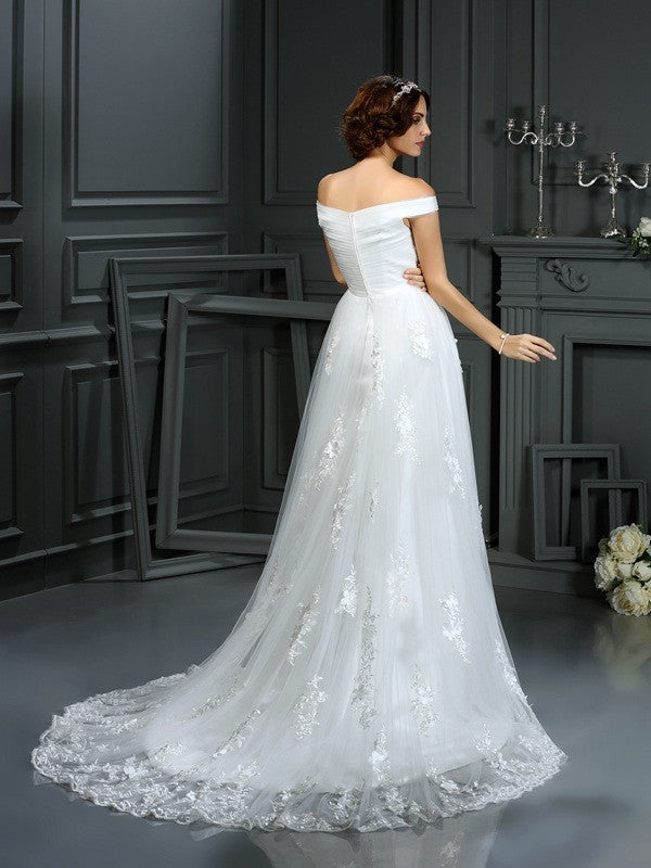 A-Line/Princess Off-the-Shoulder Applique Sleeveless Long Net Wedding Dresses CICIP0006661