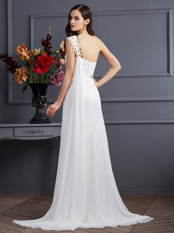 A-Line/Princess One-Shoulder Sleeveless Beading Long Chiffon Dresses CICIP0004299