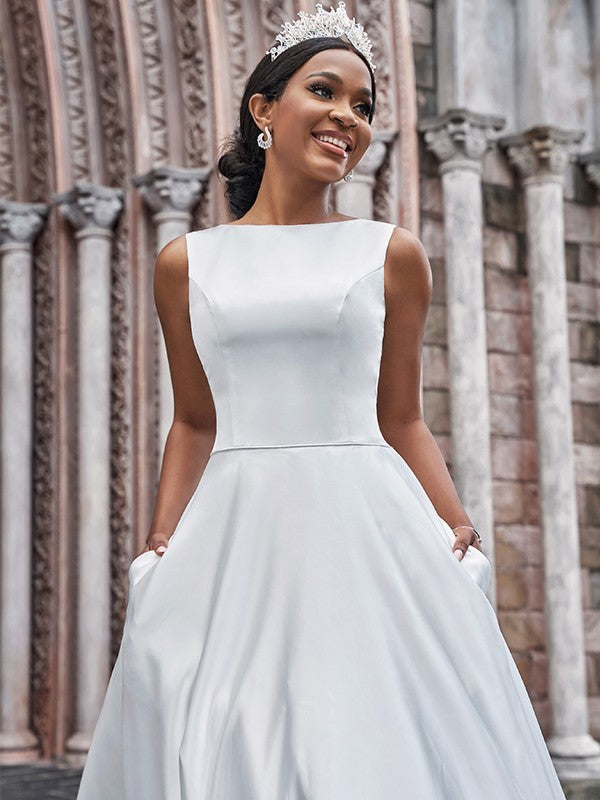 A-Line/Princess Satin Bateau Ruffles Sleeveless Sweep/Brush Train Wedding Dresses CICIP0006673