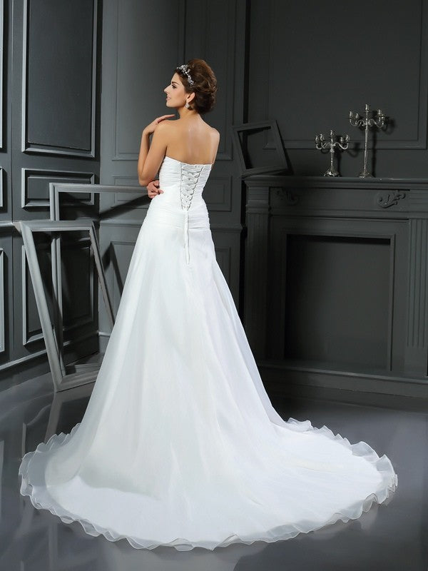 A-Line/Princess Sweetheart Ruched Sleeveless Long Satin Wedding Dresses CICIP0006690