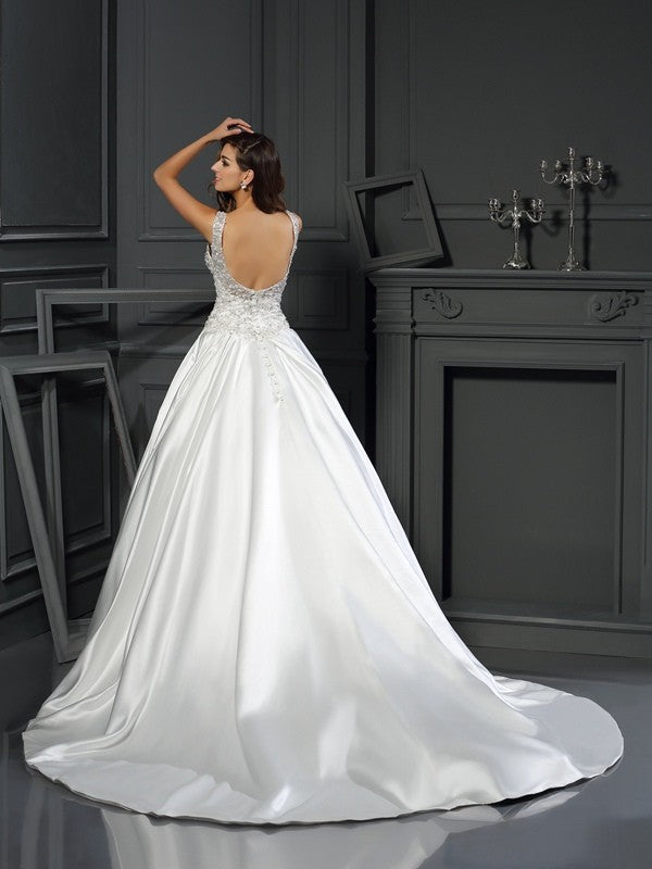 Ball Gown Scoop Applique Sleeveless Long Satin Wedding Dresses CICIP0006457