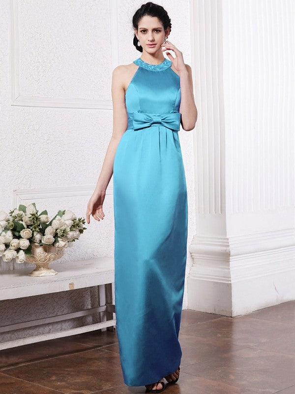 Sheath/Column Scoop Sleeveless Beading Bowknot Long Elastic Woven Satin Bridesmaid Dresses CICIP0005506