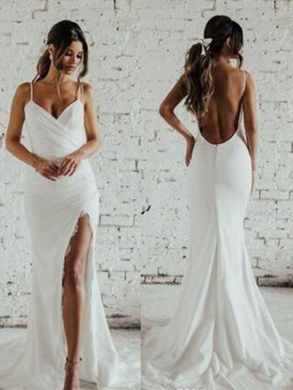 Sheath/Column Spaghetti Straps Ruched Sleeveless Sweep/Brush Train Wedding Dresses CICIP0006512