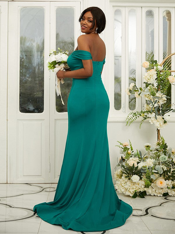 Sheath/Column Jersey Ruffles Off-the-Shoulder Sleeveless Sweep/Brush Train Bridesmaid Dresses CICIP0004980