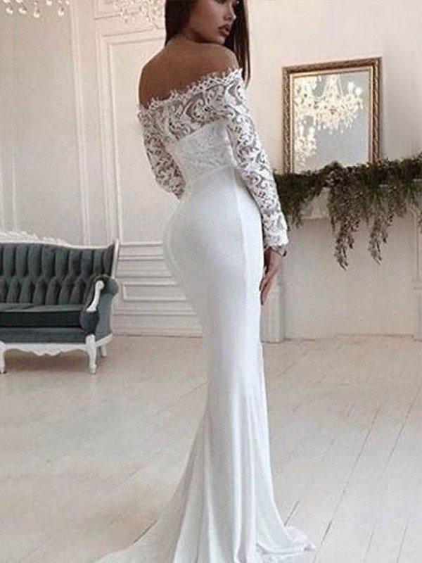 Trumpet/Mermaid Off-the-Shoulder Long Sleeves Court Train Lace Chiffon Wedding Dresses CICIP0005997