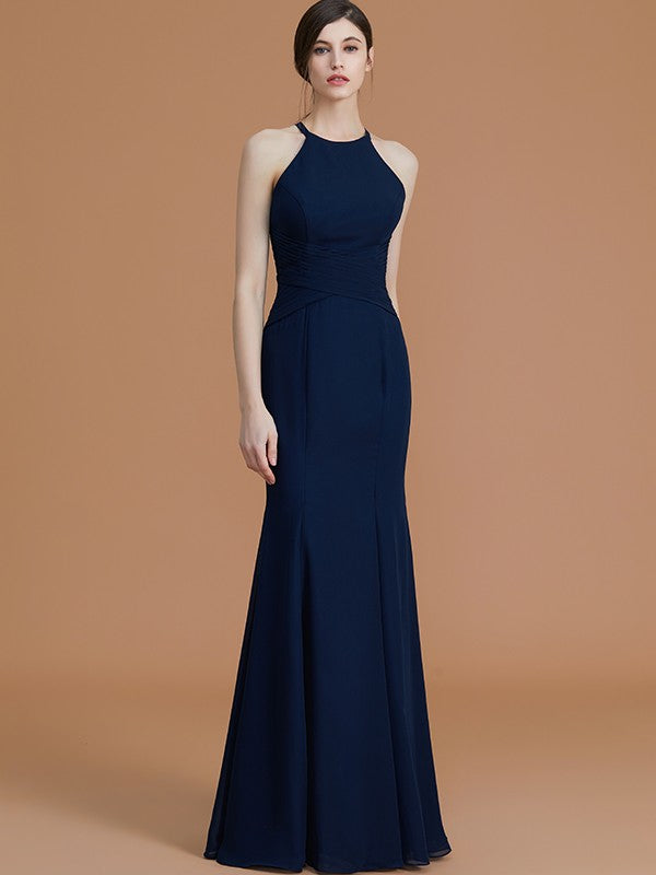 Trumpet/Mermaid Halter Sleeveless Floor-Length Ruched Chiffon Bridesmaid Dresses CICIP0005544