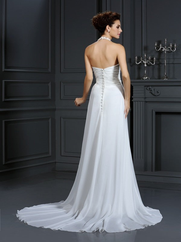 A-Line/Princess Halter Beading Sleeveless Long Chiffon Wedding Dresses CICIP0006421