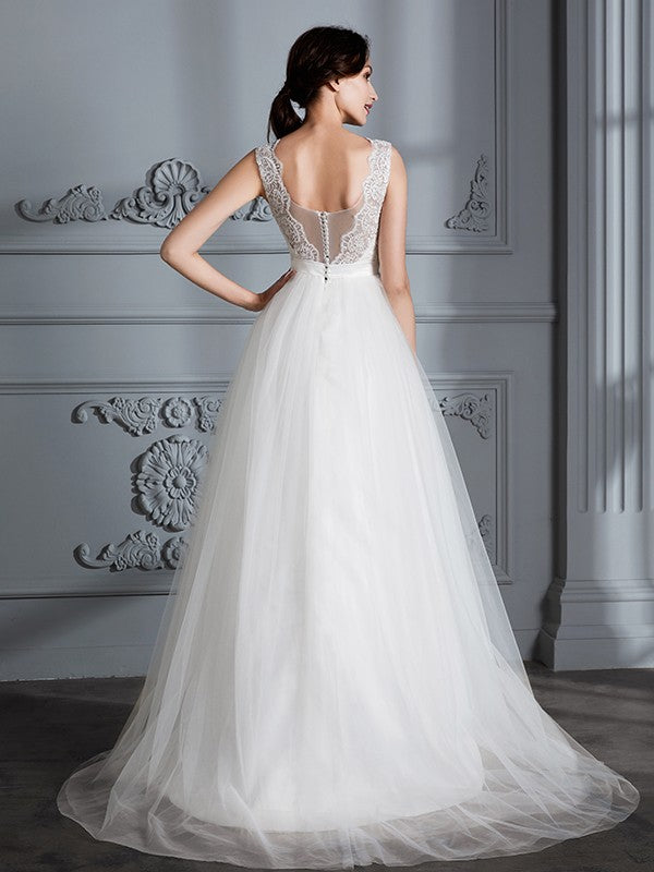 A-Line/Princess Sleeveless V-neck Sweep/Brush Train Tulle Wedding Dresses CICIP0006437