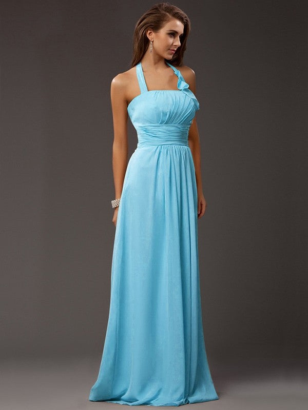 Sheath/Column Halter Sleeveless Ruffles Long Chiffon Bridesmaid Dresses CICIP0005366