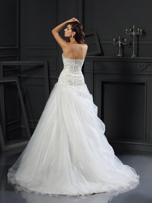 Ball Gown Sweetheart Ruffles Sleeveless Long Organza Wedding Dresses CICIP0006503