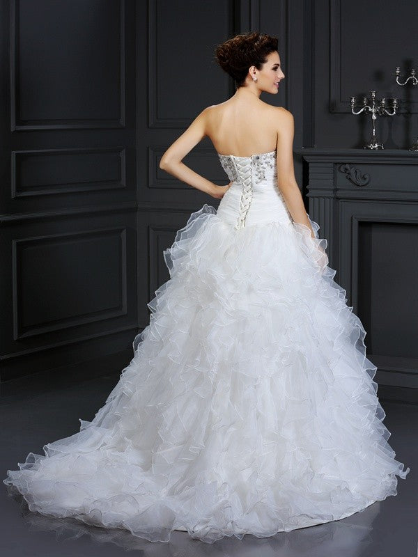 Ball Gown Strapless Beading Sleeveless Long Organza Wedding Dresses CICIP0006430