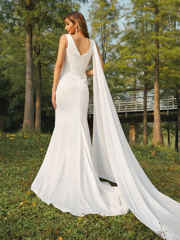 Sheath/Column Satin Ruched Scoop Sleeveless Sweep/Brush Train Wedding Dresses CICIP0006592