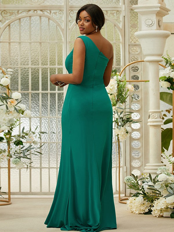 Sheath/Column Jersey Ruffles One-Shoulder Sleeveless Sweep/Brush Train Bridesmaid Dresses CICIP0004992