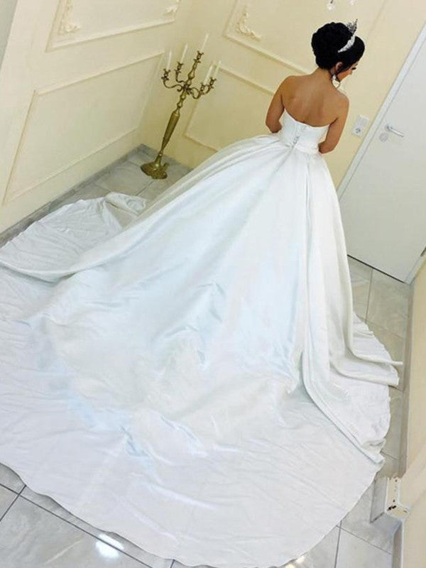 Ball Gown Sweetheart Satin Sleeveless Sash/Ribbon/Belt Cathedral Train Wedding Dresses CICIP0006219