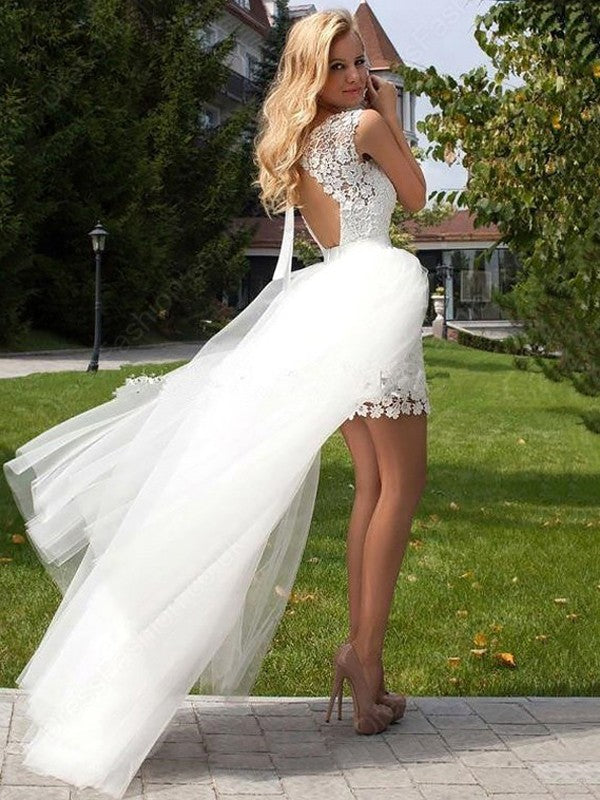 Sheath/Column Sleeveless Lace Scoop Floor-Length Tulle Wedding Dresses CICIP0006199