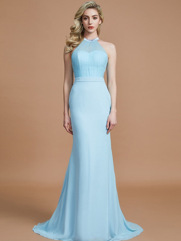 Trumpet/Mermaid Sleeveless Scoop Sweep/Brush Train Chiffon Bridesmaid Dresses CICIP0005142