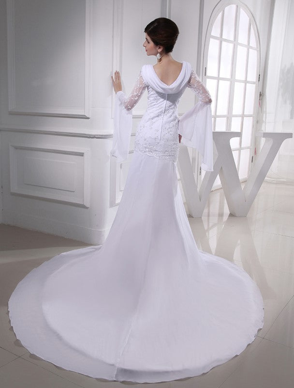 Trumpet/Mermaid Beading V-neck Chiffon Long Wedding Dresses CICIP0006790