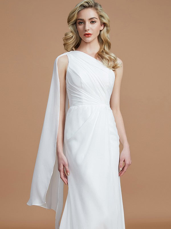 Sheath/Column One-Shoulder Sleeveless Floor-Length Chiffon Bridesmaid Dresses CICIP0005565