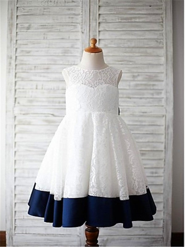 A-line/Princess Scoop Sleeveless Bowknot Tea-Length Lace Flower Girl Dresses CICIP0007556