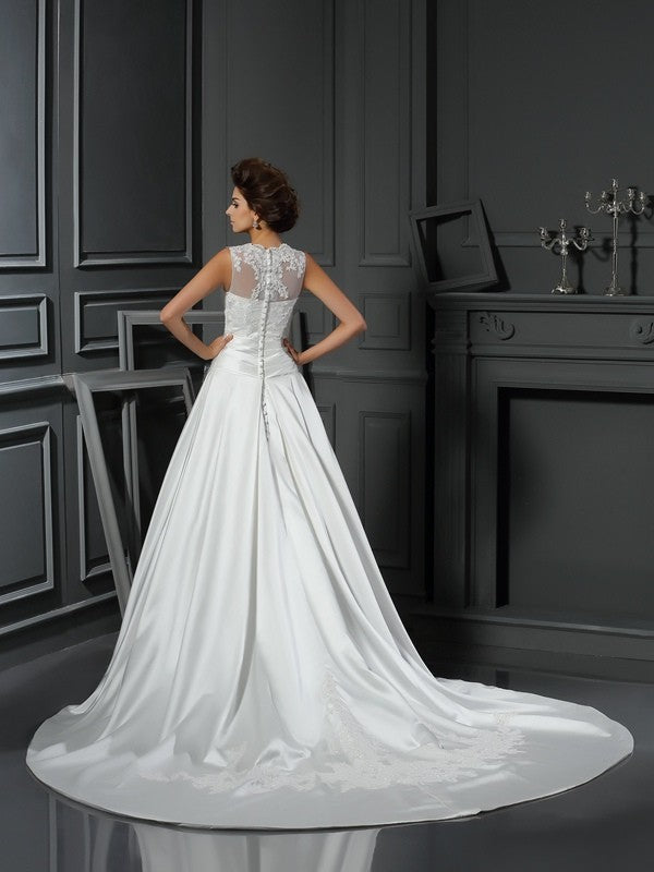 A-Line/Princess High Neck Applique Sleeveless Long Satin Wedding Dresses CICIP0006700