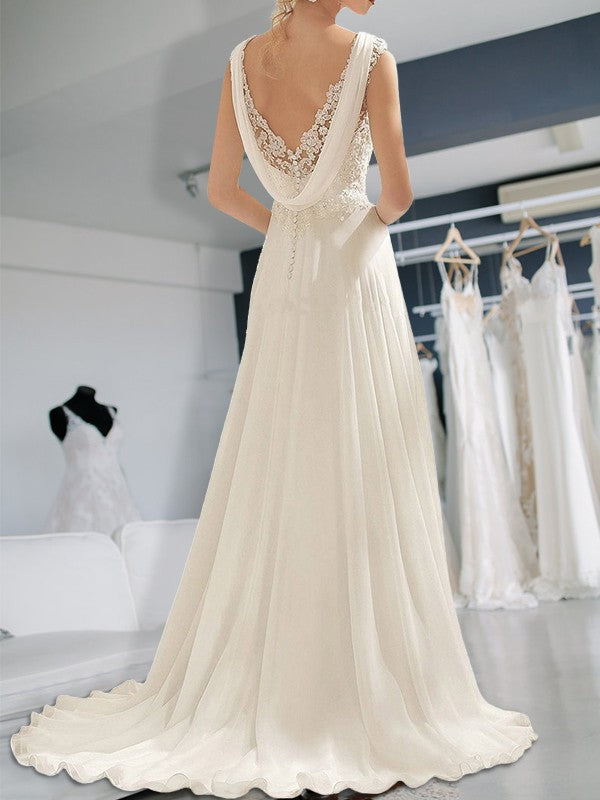 Empire Sleeveless Floor-Length V-neck Lace Chiffon Wedding Dresses CICIP0006438