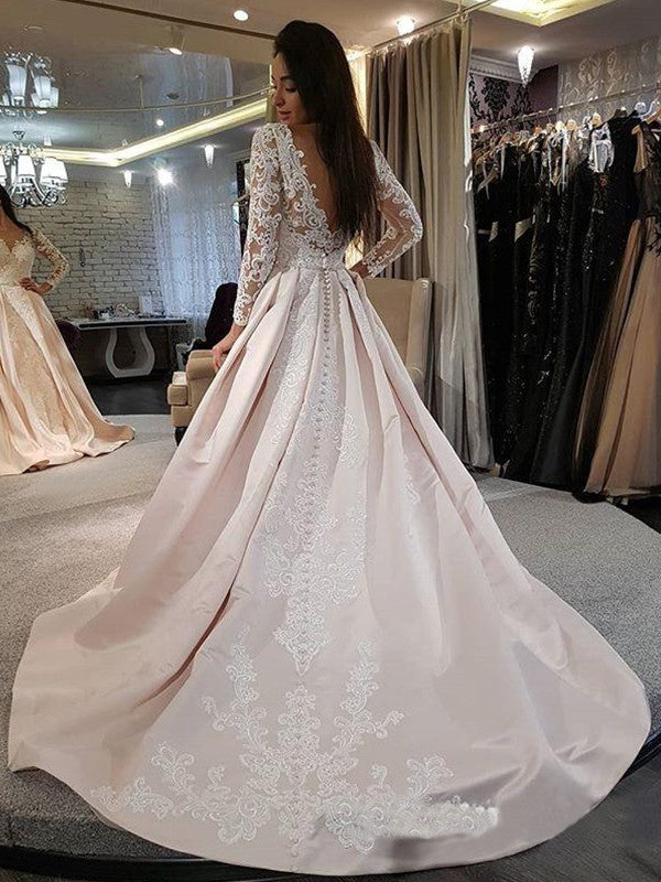 A-Line/Princess Satin Applique V-neck Long Sleeves Sweep/Brush Train Wedding Dresses CICIP0006826